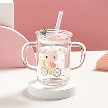 Kids Glass Tumbler with Handles Toddler Cute Milk Water Cup Bottle with Silicone Straw and Lid Scale Juice Milk Drinking Mug Heatable Leak Proof Glass Tumbler Children Friendly Travel Water Cup Gift