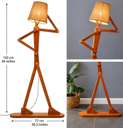 Image of Modern Wooden Adjustable Swing Arm Floor Lamp with Fabric Shade | Modern Wooden Human Shape Floor Lamp for Living Room, Bedroom & Office | Walnut Finish Decorative Lighting