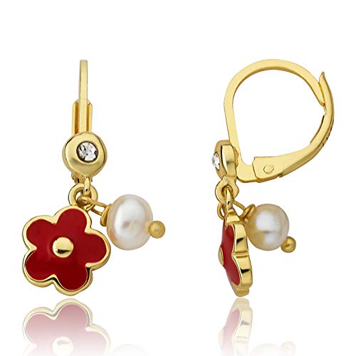 Image of Girls Earrings - 14k Gold-Plated Enamel Leverback Hypoallergenic Jewelry - Nickel, Lead & Cadmium Free For Sensitive Ears - Recommended for Ages 2-10 - Great Gift Idea with Box
