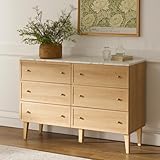 HOOLETE 6 Drawer Dresser Mid Century Modern Dressers for Bedroom Chest of Dressers with Imitation Marble Top Wood Storage Dresser Organizer with Golden Handles, Living Room, Natural Oak