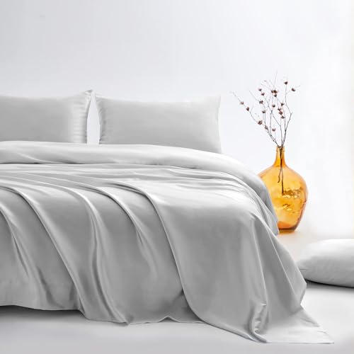 طقم ملايات سرير ساتان مقاس كينج 2.00 × 2.00 متر حريرية فاخرة بجودة الفنادق بجيب عميق 38.1 سم للمرتبة 4 قطع فضي رمادي