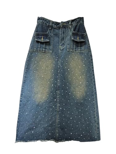 Hndudnff Falda de mezclilla para mujer, cintura alta, lavada, con diamantes de imitación, bolsillos de retazos, falda larga acampanada, azul, 36