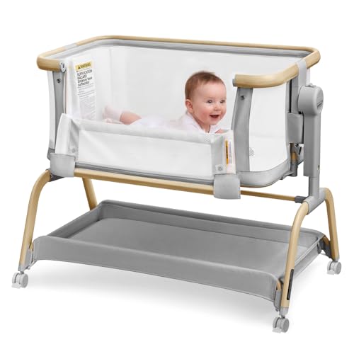 Tinyiota 3 in 1 Baby Bassinet Rocking Bedside Crib Sleeper for Newborns Adjustable Height Bassinet with Mattress and Soft Breathable Sheet Full-Mesh Sides Stable&Cozy Crib for Babies