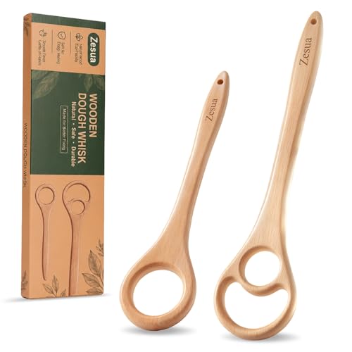 Set of 2 Wooden Dough Whisk, 13'' and 9.8'' One-Piece Solid Beech Wood Danish Dough Whisk for Sourdough, Bread, Pizza Pastry Mixing, Easy Clean Wooden Dough Mixer for Baking