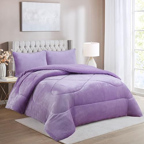 HaraDeco Manta Sherpa con Fundas Almohada, Edredón Borrego Manta Borreguito Terciopelo Gruesa Abriga para Tiempo Fría (Liso Lila Lavanda, 160x220cm)