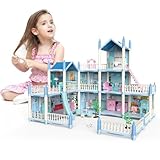 deAO Casa delle Bambole a 3 Piani con 6 Stanze, Set di Gioco Casa delle Bambole, Casa in Miniatura con Mobili e Scivoli, Scale, Recinzioni, Cagnolino e Bambole, Ottimo Regalo per Bambini