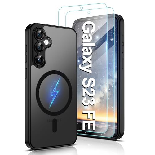 Pilaru Magnetic for Samsung S23 FE Phone Case [Compatible with MagSafe] 2 Screen Protector | Anti-Yellowing & Fingerprint Shockproof Skin-friendly Slim Fit Translucent Matte for Galaxy S23 FE Black