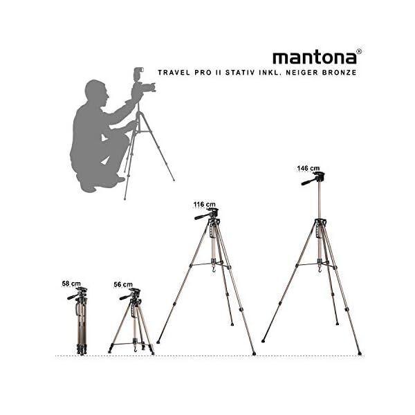 Mantona Basic Travel Pro II Fotostativ –leichtes und kompaktes Aluminium Dreibein Videostativ mit Schnellwechselplatte, Höhe 55 bis 146 cm, Traglast 3 kg, leichte 1,07 kg, Bronze, mit Tasche – Bild 7