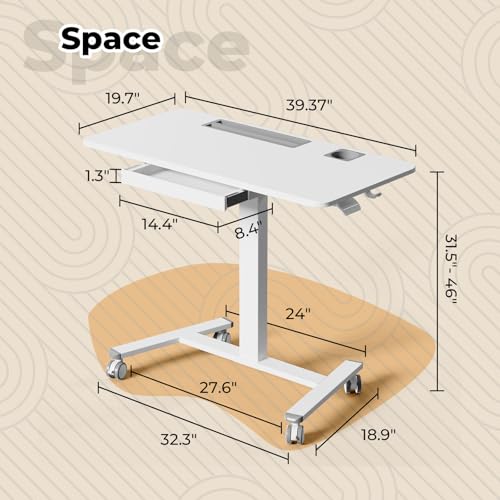 Image of Mobile Standing Desk with Drawer, 40 inch Small Standing Desk with Cup Holder, Rolling Laptop Workstaion on Wheels, Height Adjustable Table with Storage for Home Office, White