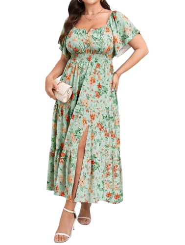 Image of SCOMCHIC Womens Plus Size Maxi Dress Formal Short Sleeve Square Neck Smocked Side Split Flowy A Line Tiered Long Dress