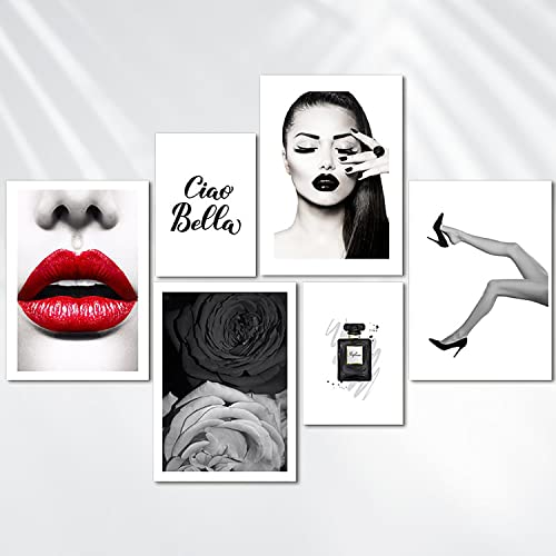 AREDE Set di 6 Stampe da Parete Quadri Moderni Decorazioni da Muro per Casa Soggiorno Camera da Letto e Cucina ''Ciao Bella Moda''| 4 x A4 (21x30cm) + 2 x A5 (15x21cm) | senza Cornici