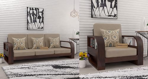 Image of Wooden 4 Seater Sofa Set for Living Room,3- to 4- Person Sofa Sets for Home, 3+1 Seater Sofa Sets for Home, Sheesham Wood (Walnut)