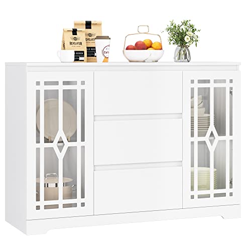 Facbotall Sideboard Buffet Cabinet With Storage, Modern Kitchen Storage Cabinet With 2 Glass Doors, 3 Drawers & Adjustable Shelves For Kitchen Dining Room #TOP5