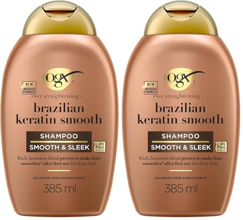 OGX Ever Straightening + Brazilian Keratin Smooth Shampoo (385 ml), champú alisador con proteínas de keratina, tensioactivos sin sulfatos, para cabello grueso y rizado (Paquete de 2)