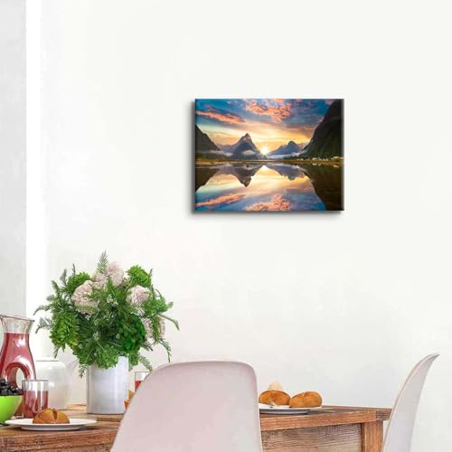 Image of Nature Mountain Canvas Wall Art Sunrise Forest Picture Wall Decor Lake Reflection Scenery Paintings Prints, Mountains Poster Photography Artwork for Office Living Room Bedroom Home Decoration 12x16 inch