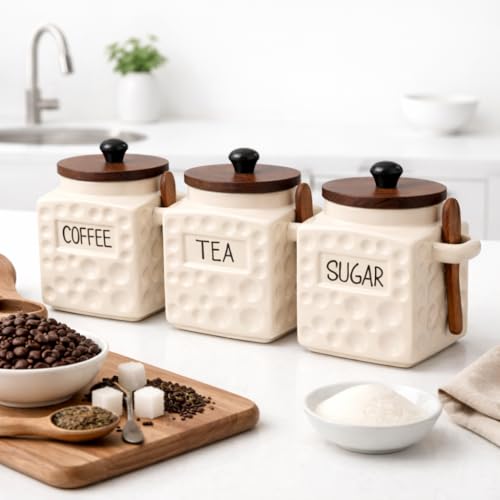 Image of The Deluxe Creations Ceramic Tea Coffee Sugar Jars Set with Wooden Lid & Spoon | Premium Kitchen Storage Canisters | Airtight Containers for Tea Coffee Sugar | 500 ML Each | Set of 3
