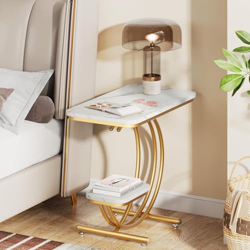 Image of Coffee Table for Living Room End Table Beside Tables with Metal Legs Small Accent Snack Tables Nightstand for Multipurpose Square Table (Golden White)
