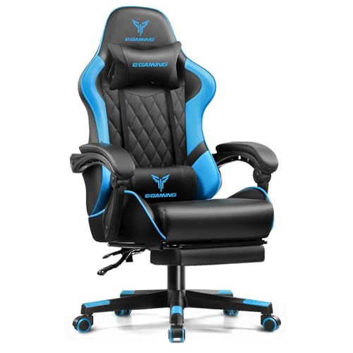 Gaming Chair Ergonomic Computer Chair with Footrest and Lumbar Support, Height Adjustable High Back Leather Office Chair, 360° Swivel with Linked Armrest, for Adult and Teen (Blue)