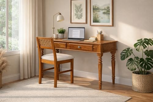 Image of Solid Sheesham Wood Two Drawer Study Table with Chair | Students Reading & Writing Table | Laptop & Work from Home Table (Honey Brown)