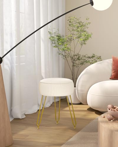 IBUYKE Velvet Round Footrest Stool Ottoman, Makeup Vanity Stool Side Table, Velvet Dressing Table Seat, Pouf Couch Stool, Golden Steel Legs, Creamy-White LG-30M IBUYKE Velvet Round Footrest Stool Ottoman, Makeup Vanity Stool Side Table, Velvet Dressing Table Seat, Pouf Couch Stool, Golden Steel Legs, Creamy-White LG-30M