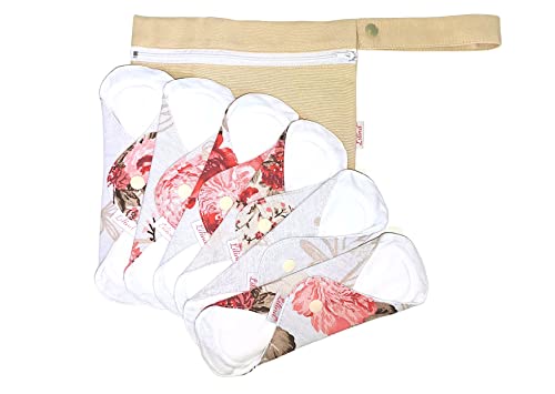 Lilind® Bio-Stoff-Pads, 20 cm regulär, 6 Stück, Starter-Set, inkl. Reißverschlussbeutel, wiederverwendbar, wasserdicht, Menstruationsbinden, 100 % Baumwolle, blaue Rosen Cover