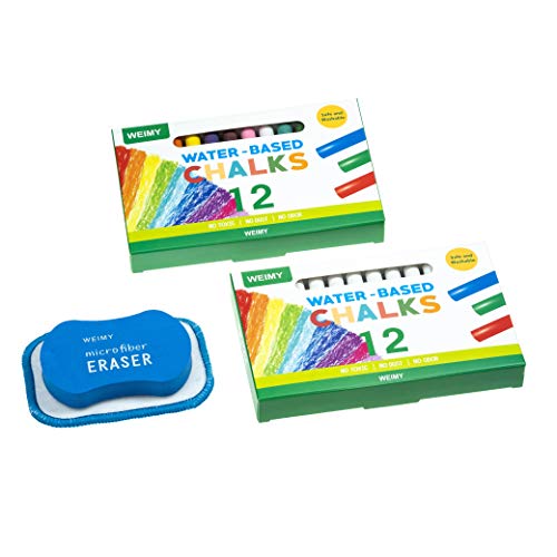 WEIMY Premium Non-Toxic White Dustless Chalk (12 ct Box) and Colored Dustless Chalk (12 ct Box) Bundle Truly Dust Free Chalk for Art Decorating Chalkboard Blackboard-Includes Kids Chalkboard Eraser