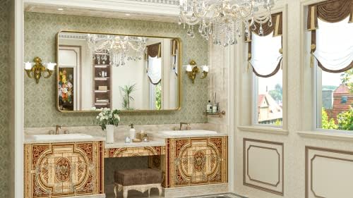 TokeShimi 48 x 30 Inch Gold Bathroom Mirror for Wall Brushed Brass Metal Rounded Corner Rectangle Mirror Wall Mirror in Aluminum Alloy Metal Frame Deep Set Design Hangs Horizontal Or Vertical - 1