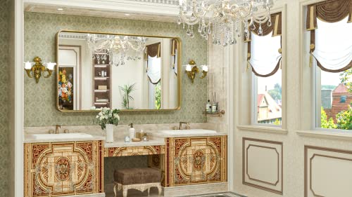 TokeShimi 48 x 30 Inch Gold Bathroom Mirror for Wall Brushed Brass Metal Rounded Corner Rectangle Mirror Wall Mirror in Aluminum Alloy Metal Frame Deep Set Design Hangs Horizontal Or Vertical