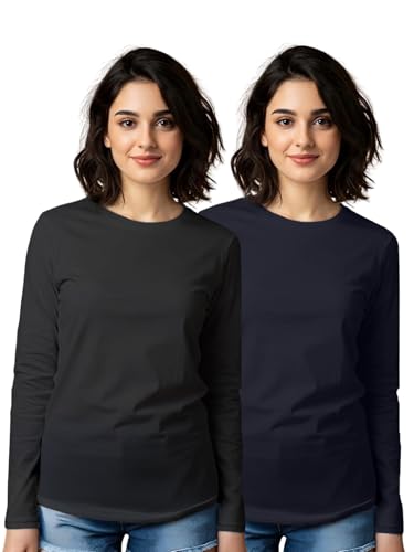 Image of JUNEBERRY Cotton Round Neck Regular Fit Solid Core Full Sleeve T-Shirt Combo for Women & Girls (Pack of 2) (Available Colors: Black, White, Navy, Green,Swanwhite & Cork)