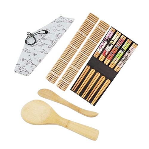 Voarge Juego de herramientas para la preparación del sushi - Incluye 2 alfombrillas de bambú, 5 pares de palillos, 1 espátula para arroz, 1 paleta, 1 bolsa de tela