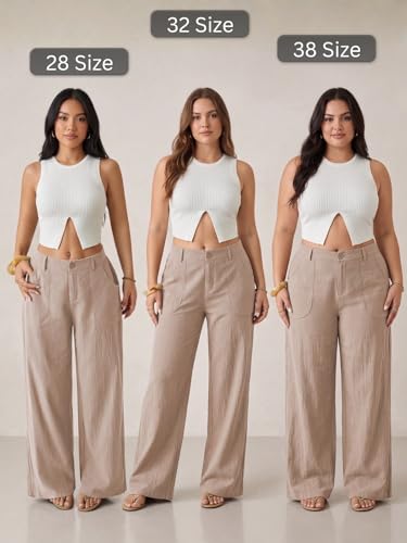 Image of GRECIILOOKS Beige Wide Leg Linen Trousers for Women | High Waist Cotton Baggy Korean Style Casual Pants | Comfortable Formal & Casual Women Trousers