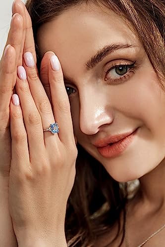 925 Sterling Silver Engagement Rings for Women Created Blue Aquamarine Emerald Round Cut Solitaire CZ Wedding Band Promise Ring for Her Size 5-102