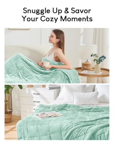 Cottonblue Weighted Blanket for Adults 15 lbs Queen Size 60x80 inches, Cozy Flannel Sherpa Weighted Throw Blankets Comfortable for Calming and Relax, Shaggy Fleece Bed Sofa Heavy Blankets, Dusty Green