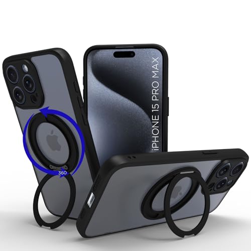 Image of RIGGEAR Shockproof Sleek Hybrid Armor 360 Rotating Magnetic Ring Stand Back Cover Case Compatible with MagSafe Accessories for iPhone 15 Pro Max (Clear PC + Black TPU Bumper)