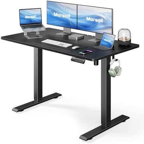 Marsail Standing Desk, Adjustable Height, Stand up Home Office Desk, 48x24 Inch Electric Standing Computer Desk, with 4 Memory Presets, Headphone Hook, Cable Organizer, Black