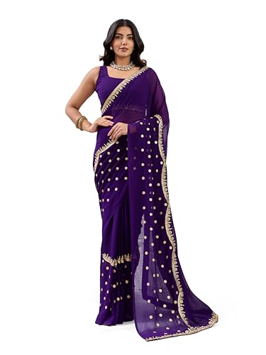Svayi Women’s Georgette Gold sequin Embroidery butti border work Saree for Wedding Festive Party Style Sari with Blouse Piece (SR1284-Purple)