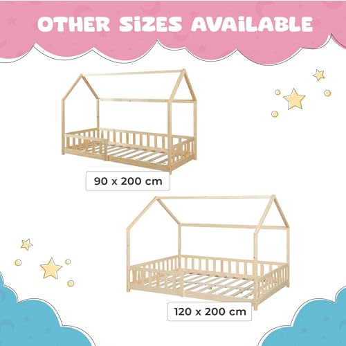 [en.casa] Children's House Bed with Fall-out Protection and Slatted Frame - Wood Look 90 x 200 cm Floor Youth Bed - Image 6