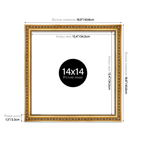 Almost Frameless 14x14 Gold Ornate Picture Frame 14"x14"(35.6x35.6cm) Poster, Photo, Artwork, or Print. Baroque Style Portrait and Landscape Display with Wall Hooks
