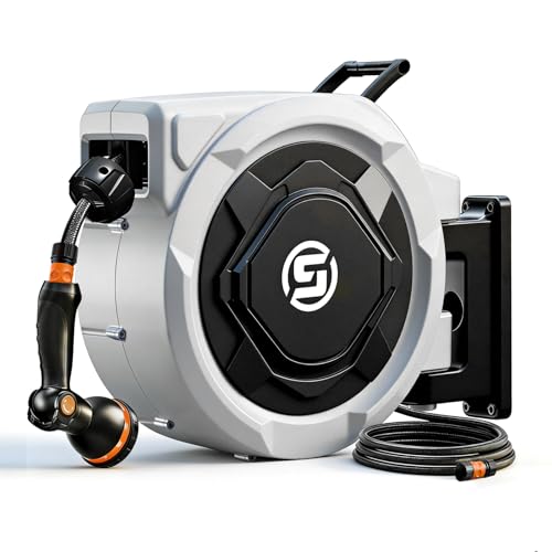 SUNPOW Retractable Hose Pipe- 16mm Diameter x30m Heavy Duty Wall-Mounted Hose Pipe with 10-Function Nozzle - Auto Rewind, Any Length Lock, 180° Swivel Bracket- Strong Water Flow, No Tangle