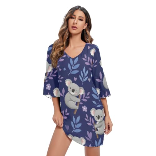 Robe d'été bleu et violet fluide avec manches 3/4 et col V