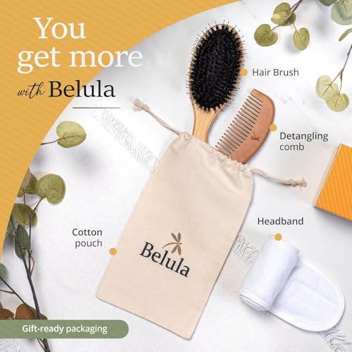 Image of Detangling Boar Bristle Hair Brush Set for Women, Men And Kids With Thick, Long And Curly Hair. Detangles And Restores Shine And Texture To Your Hair. Wooden Comb, Travel Bag & Spa Headband