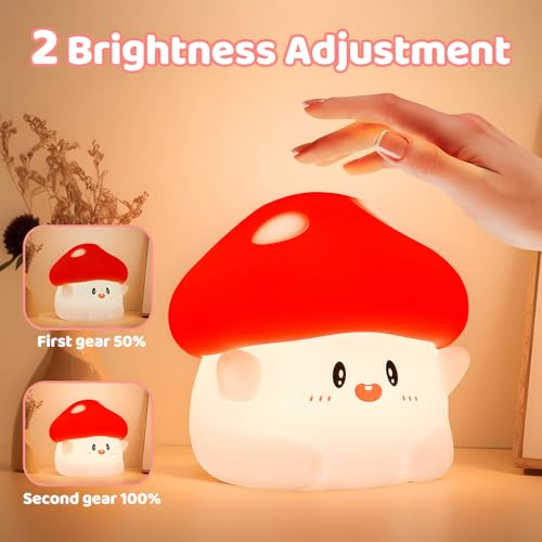Image of Mushroom Night Light, Squishy Silicone Lamp for Kids, Tap Control, 2 Brightness Levels, 50H Battery, Auto Timer, Bedside Nursery Desk Decor