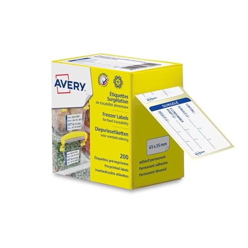 AVERY - 200 Étiquettes Surgelation Traçabilité Pré Imprimées en Rouleau Blanches - Format 65 x 35 mm - Utilisation professionnelle (Restaurant) ou à la...
