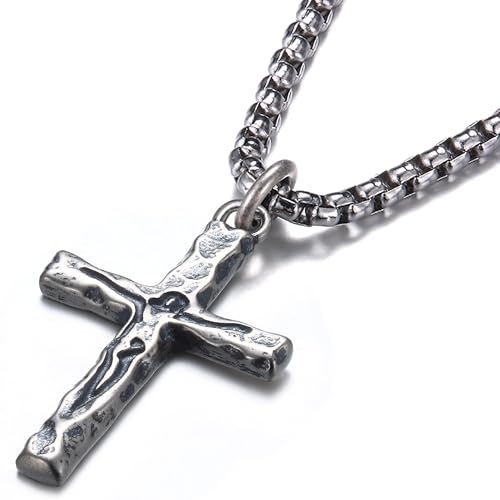 925 Sterling Silver Crucifix Necklace Men - Oxidized Sterling Silver Carved Jesus Cross Pendant with Stainless Steel Box Chain Catholic Crucifix Necklaces Christian Jewelry for Boyfriend 20 in