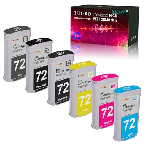 Tuobo 72 Compatible Ink Cartridge Replacement for HP 72 Ink Cartridge 130-ml for DesignJet T770 T790 T795 T610 T620 T1100 T1120 T1200 T1300 T2300 (MK/PK/GY/C/M/Y), HP72XL-111111