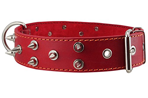 Dogs My Love Real Leather Red Spiked Dog Collar Spikes, 1.6 Wide. Fits 19 -23 Neck, Large Breeds Rottweiler, Pit Bull.
