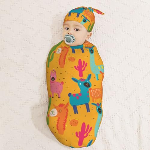 Image of Animals Colorful Llama Cactus Newborn Swaddle Blankets Hat Sets Soft Baby Receiving Blanket Swaddle Sack for Baby Shower Infant Boy Girl Gift