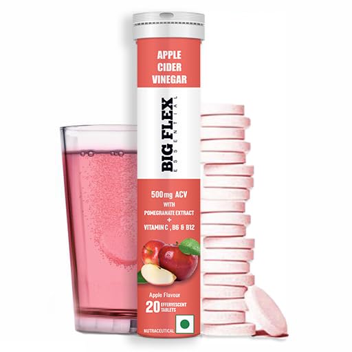 Bigflex Apple Cider Vinegar 500mg with 100mg Pomegranate Extract For Weight Management| Effervescent Tablets - Apple Flavour 20 Count (Pack of 1)