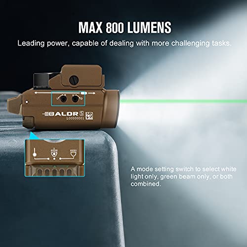Image of OLIGHT Baldr S 800 Lumens Compact Rail Mount Weaponlight with Green Beam and White LED Combo, Magnetic USB Rechargeable Tactical Flashlight with 1913 or GL Rail, Battery Included (Desert Tan)
