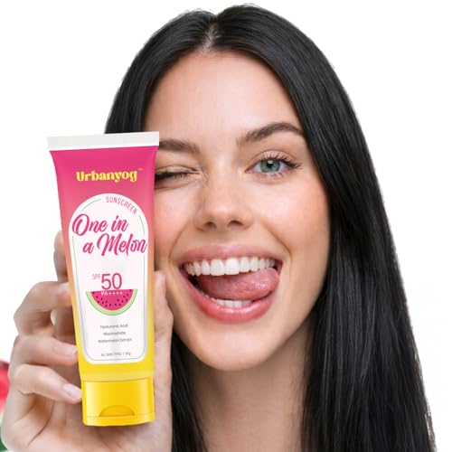 UrbanYog One in a Melon Cooling Watermelon Sunscreen SPF 50 PA++++ | With Niacinamide & Hyaluronic Acid | Broad Spectrum UV Protection | Lightweight, No White Cast | All Skin Types | 50g
